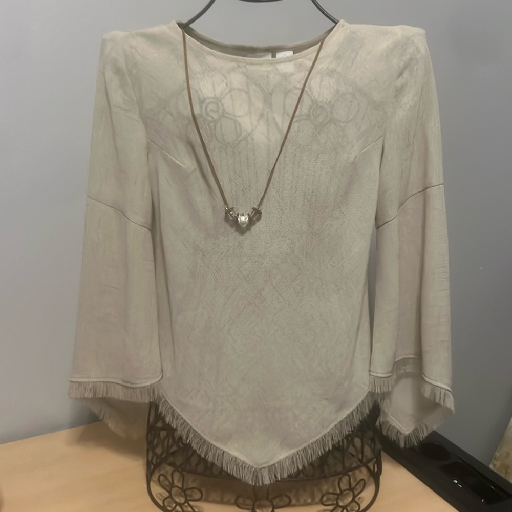 Studio C sheer-ish fringe top with necklace